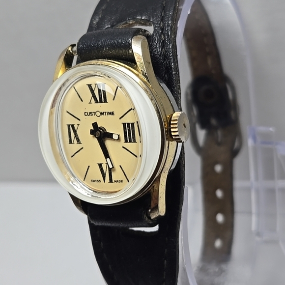 Womens Vintage Retro Mechanical Customtime Fish Eye Gold Black Manual Watch Runs - Picture 2 of 13